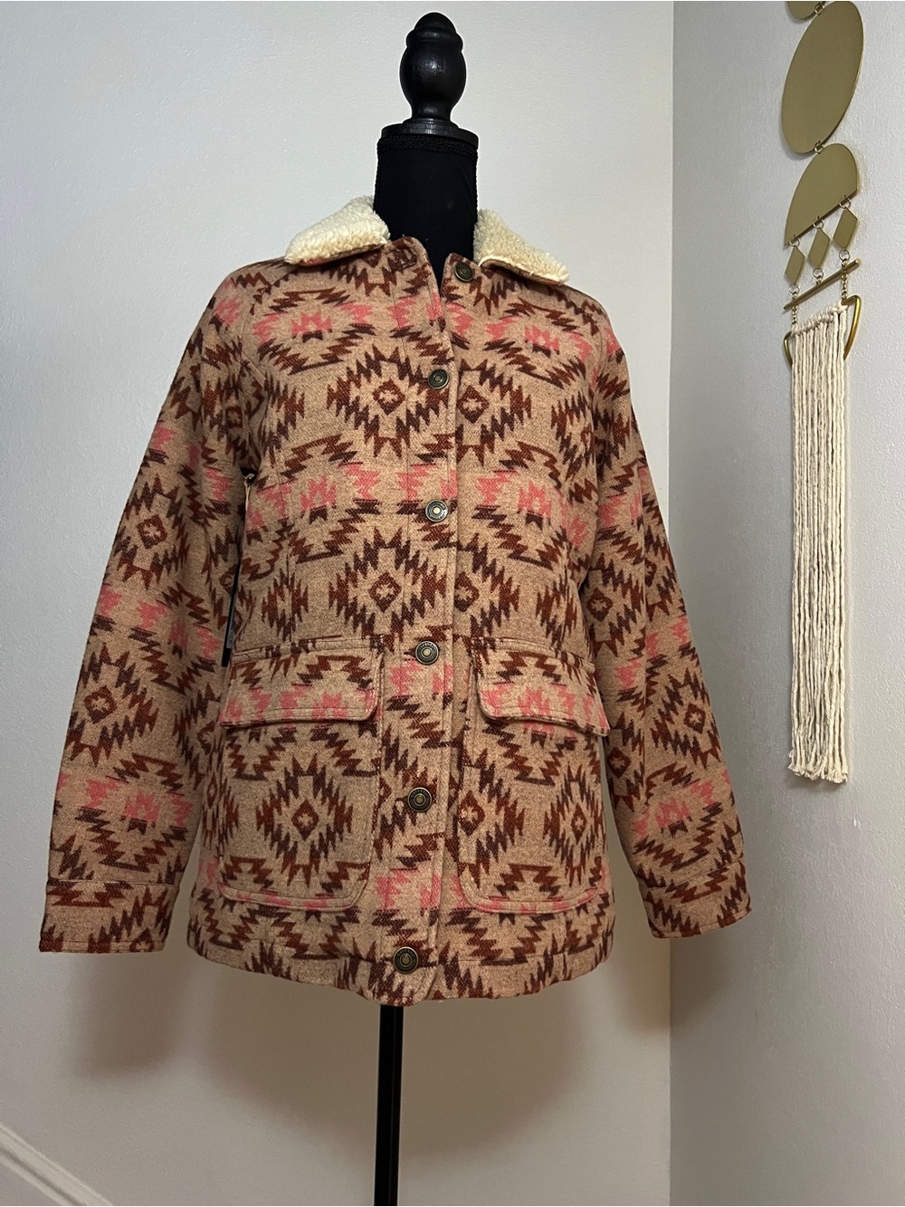 Shyanne Southwestern Sherpa Jacket - Beige/Pink/Burgundy, XS